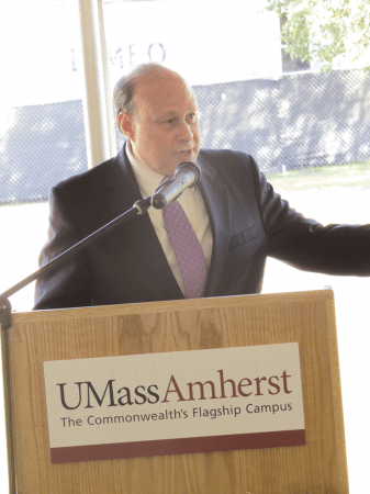 State Sen. Stanley Rosenberg, a 1977 graduate of UMass Amherst, addresses those assembled at last week’s groundbreaking.