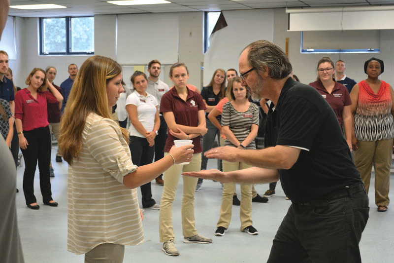  The Springfield College departments of Physical Therapy and Visual and Performing Arts recently hosted a cross-disciplinary collaboration that focused on effective communication skills that help build and maintain strong relationships between physical therapists and their patients and clients. Led by Department of Visual and Performing Arts Chair Martin Shell (pictured, right) and Associate Professor of Physical Therapy Salome Brooks, the one-day workshop helped more than 40 physical therapy students feel more comfortable in their settings by focusing on interpersonal rapport, non-verbal communication, and fundamental presence with others. Shell’s experiential methods, developed for acting classes from the traditions of theater technique, allow for fun and illuminating communication exercises for physical therapy students. “I’ve never had any doubt that the techniques we actors use for observation and training, in preparation to creatively express the complexities of human relationships in collaboration with others, are very useful in many areas of life and work,” he said. 