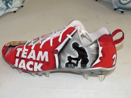 The cleat bound for Rex Burkhead’s locker will first be sent to Nebraska to be signed by the inspirational Jack Hoffman.