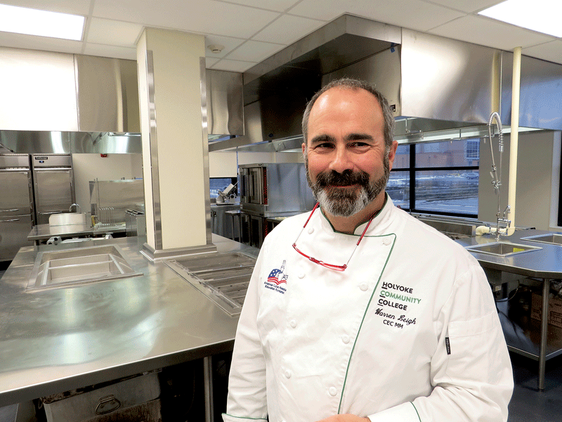 Chef Warren Leigh in one of the teaching kitchens at the new Holyoke Community College MGM Culinary Arts Institute. 