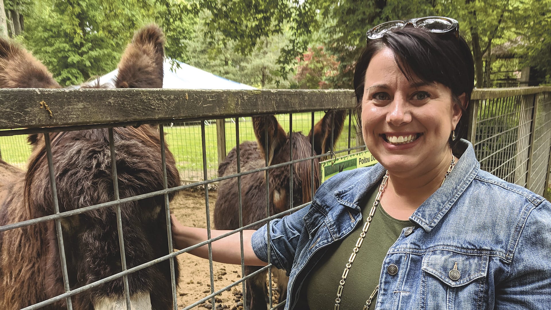 Executive Director Sarah Tsitso with a couple of poitou donkeys.