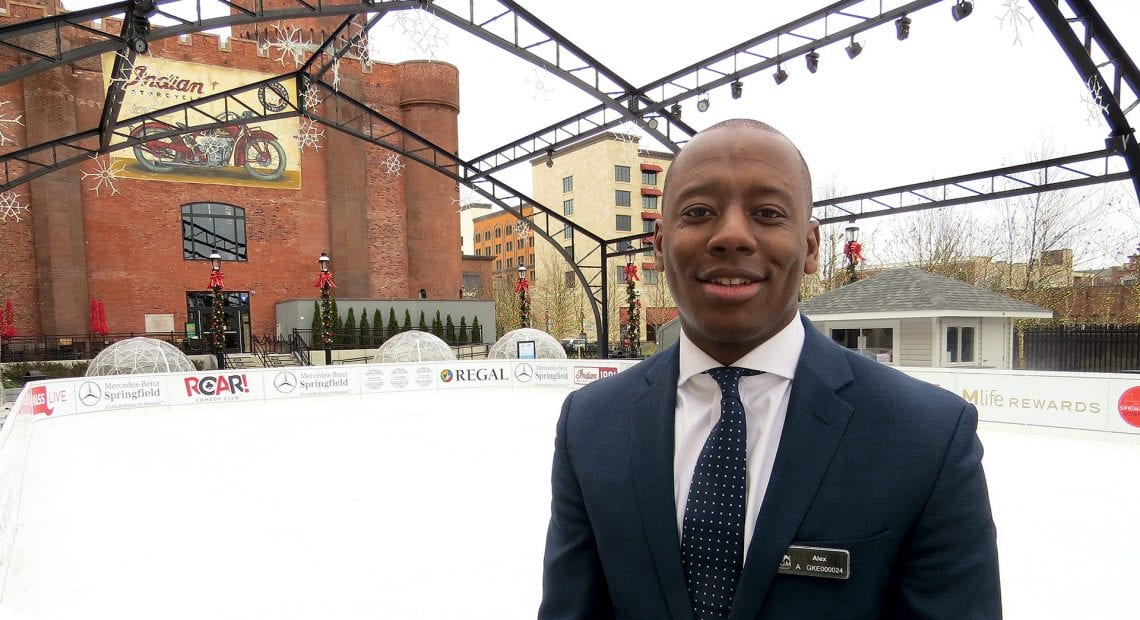 Alex Dixon stands by the ice skating rink opened late last month at MGM Springfield