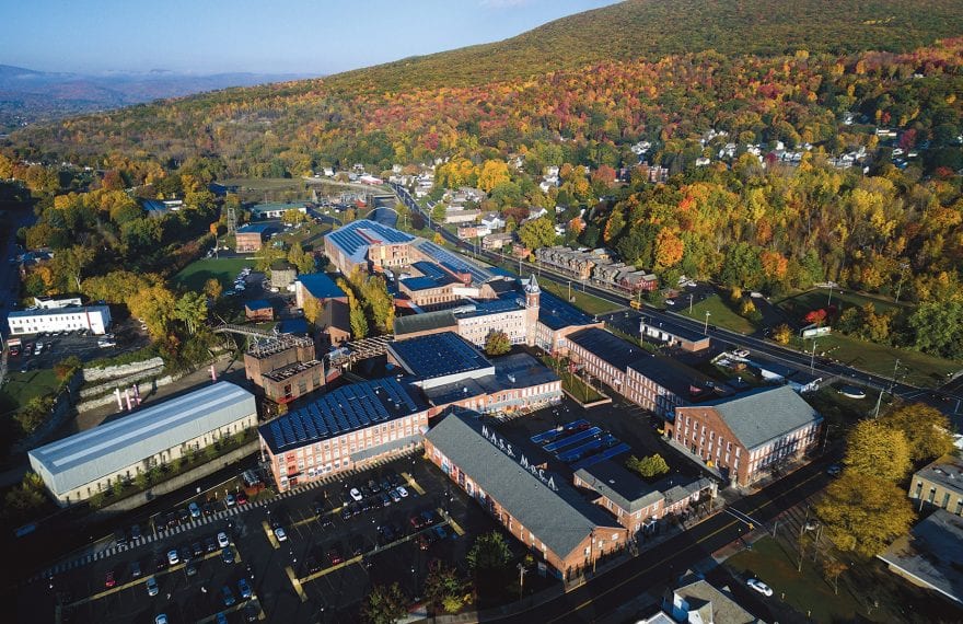 An aerial shot of the sprawling, 26-building campus of MASS MoCA.