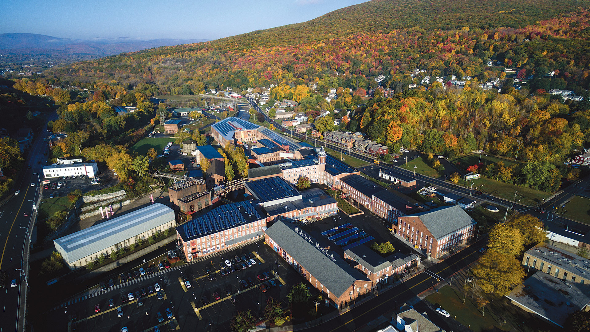 An aerial shot of the sprawling, 26-building campus of MASS MoCA. 