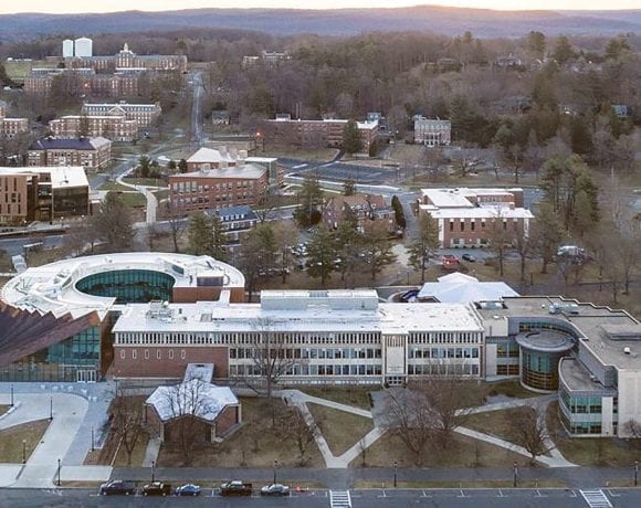 an aerial shot of the hub shows how it connects with the existing Isenberg building