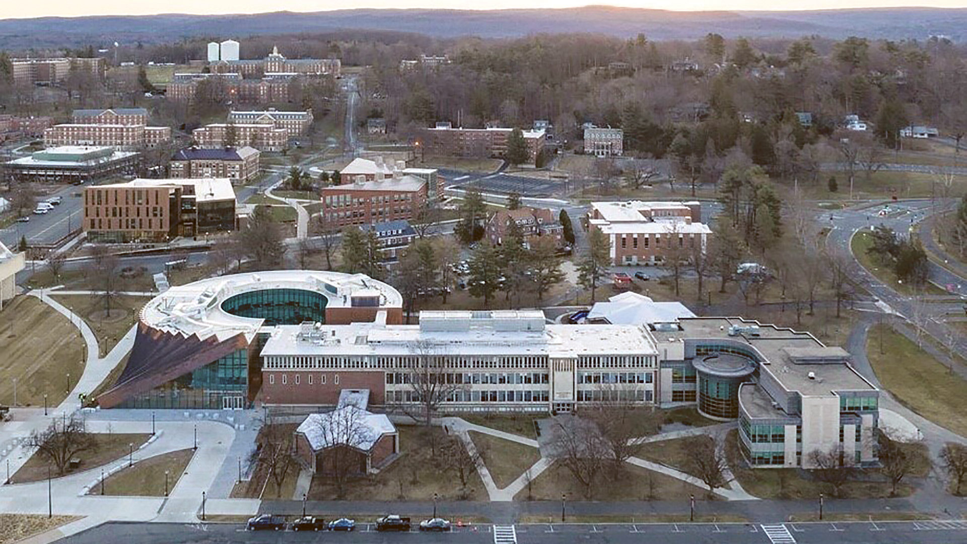 an aerial shot of the hub shows how it connects with the existing Isenberg building