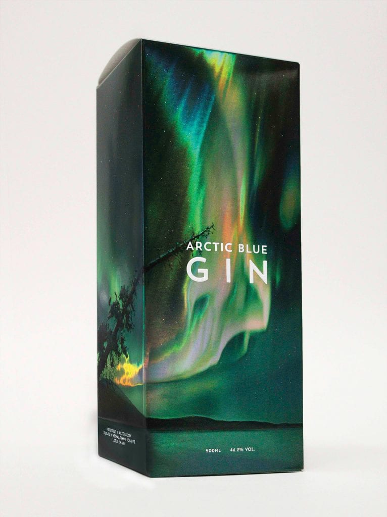 The carton for Arctic Blue Gin, made using Hazen Envirofoil