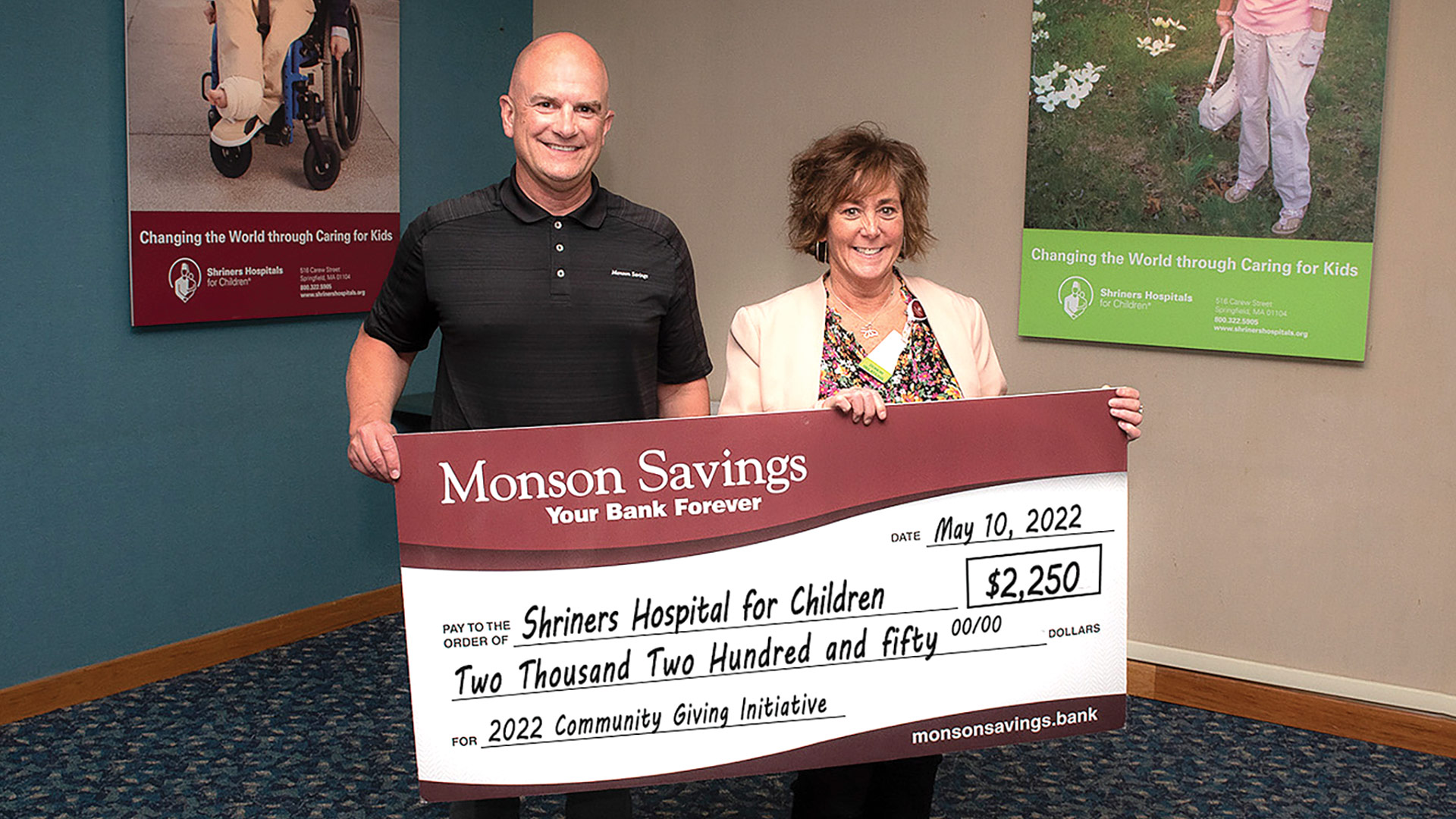Moriarty visits Shriners Children’s Hospital in Springfield to present Stacey Perlmutter, the hospital’s director of Development, with a $2,250 donation, also part of the Community Giving Initiative