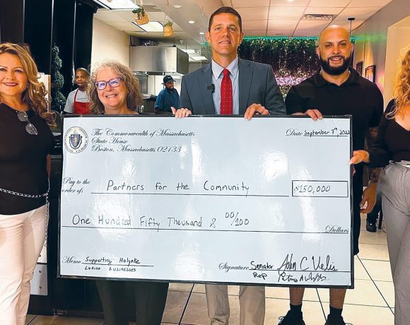 Pictured, from left: Veronica Garcia of Partners for Community, Duffy, Velis, Fiesta Café owner Juan Montano, and Jordan Hart, executive director of the Greater Holyoke Chamber of Commerce