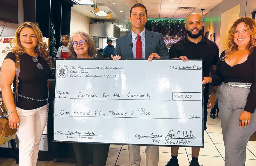 Pictured, from left: Veronica Garcia of Partners for Community, Duffy, Velis, Fiesta Café owner Juan Montano, and Jordan Hart, executive director of the Greater Holyoke Chamber of Commerce