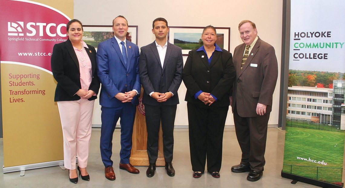 From left, STCC Assistant Vice President of Workforce Development Gladys Franco, STCC President John Cook, Upright CEO Benny Boas, HCC President Christina Royal, and HCC Vice President for Business and Community Jeffrey Hayden.