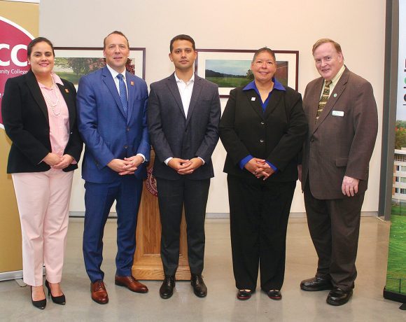 From left, STCC Assistant Vice President of Workforce Development Gladys Franco, STCC President John Cook, Upright CEO Benny Boas, HCC President Christina Royal, and HCC Vice President for Business and Community Jeffrey Hayden.