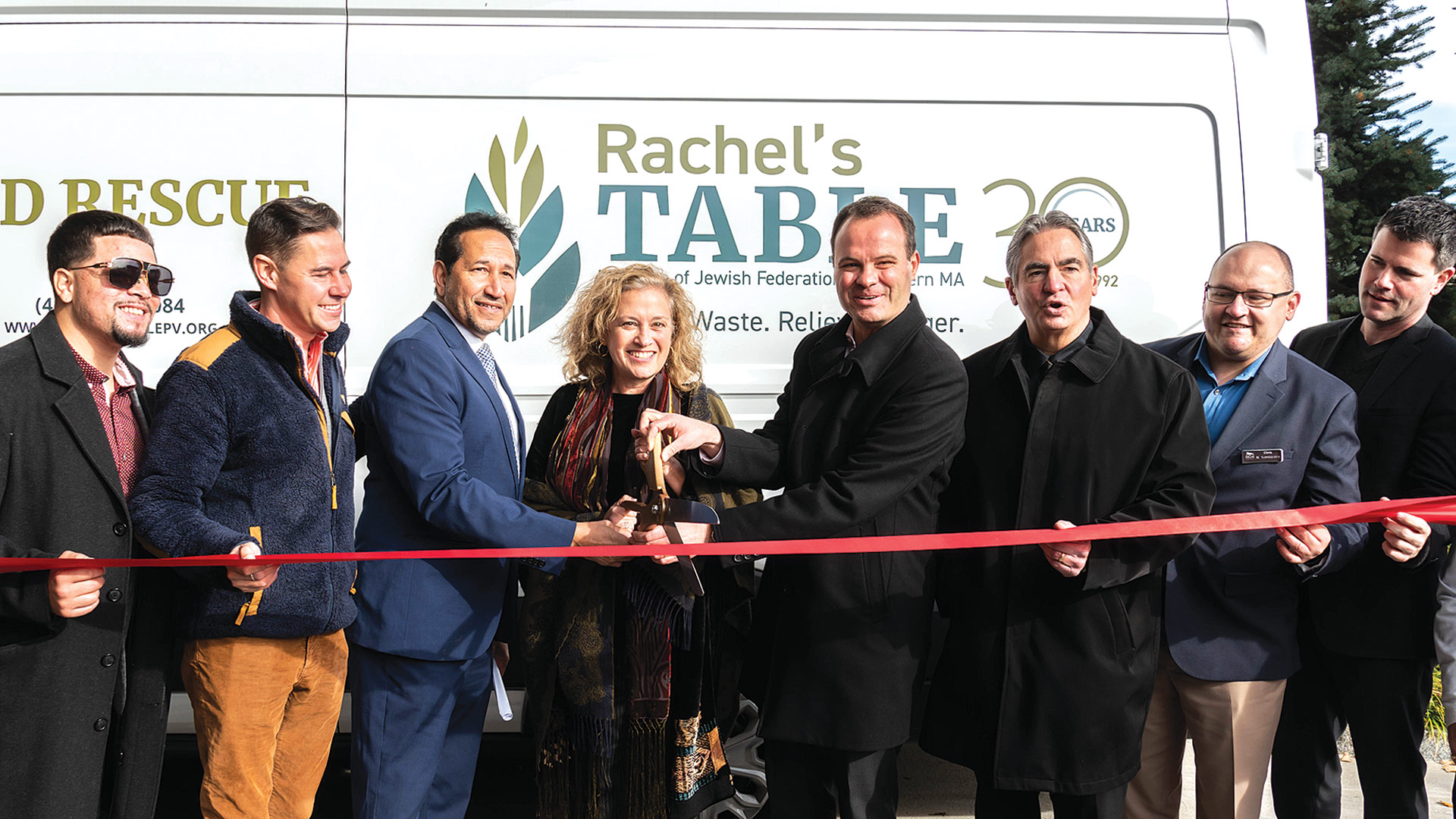 Pictured, from left: Armando Oliveras from state Sen. Adam Gomez’s office, state Reps. Jacob Oliveira and Carlos Gonzalez, Rachel’s Table Director Jodi Falk, Lesser, Springfield Mayor Domenic Sarno, MGM Springfield Executive Director of Hospitality Chris Smigel, and MGM Springfield President Chris Kelley.