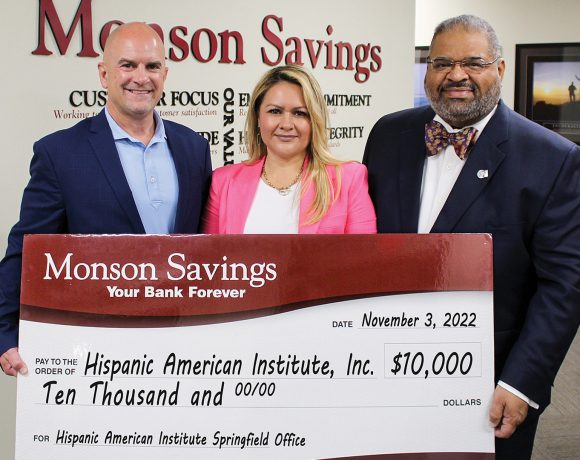 Pictured, from left: Dan Moriarty, Monson Savings Bank President and CEO; Veronica Garcia, CEO of Latino Marketing Agency; and John Perez, project office manager at the Hispanic-American Institute Inc.