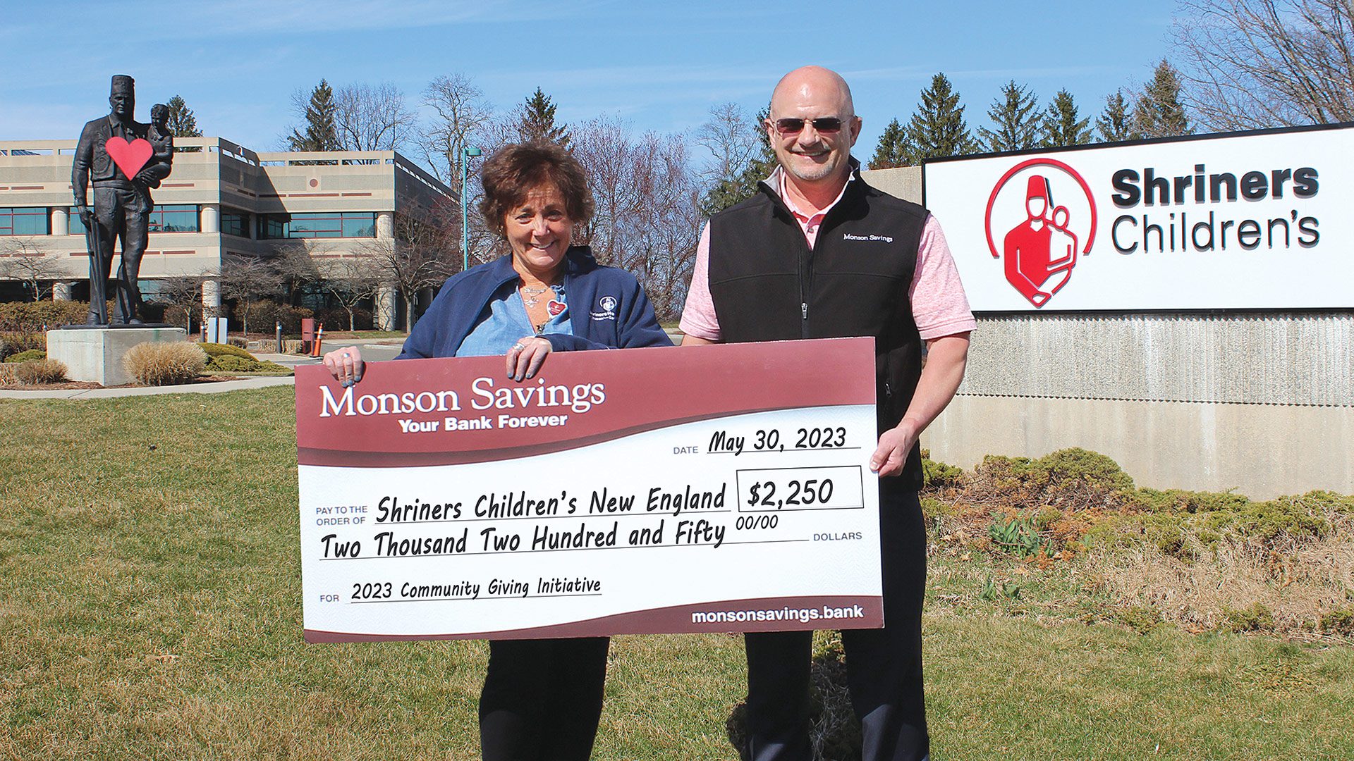Monson Savings Bank President and CEO Dan Moriarty recently presented a $2,250 donation to Stacey Perlmutter, director of Development for Shriners Children’s New England