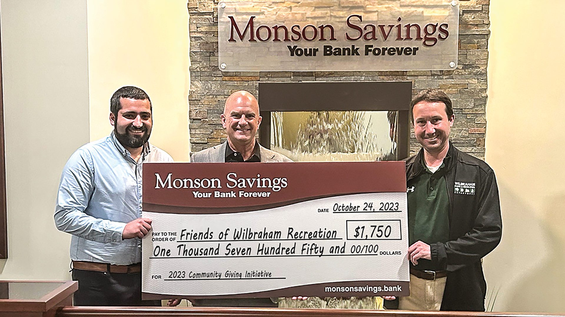 Pictured, from left: Mark Manolakis, Friends of Wilbraham Recreation president; Dan Moriarty, Monson Savings Bank president and CEO; and Bryan Litz, Wilbraham Parks & Recreation director.