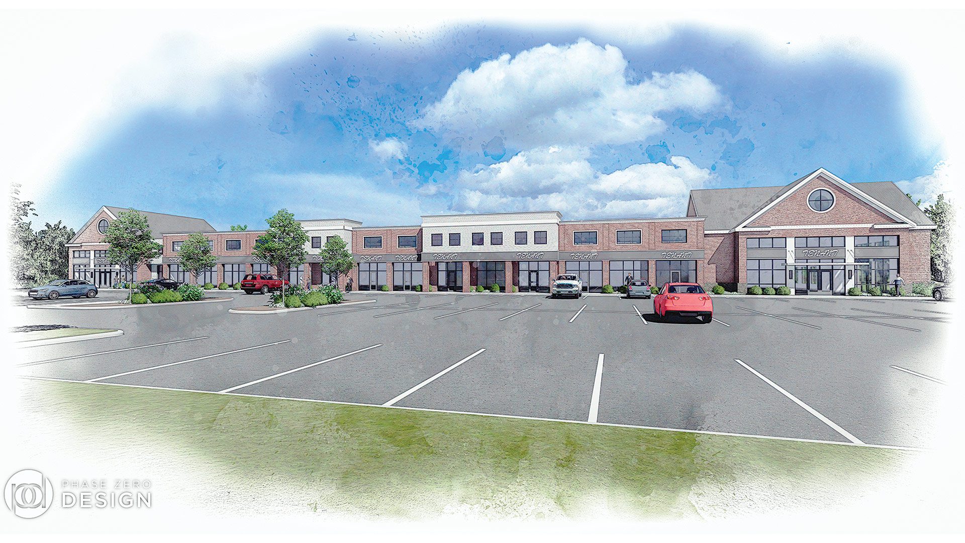 An architect’s rendering of the planned Towne Shoppes of Longmeadow.