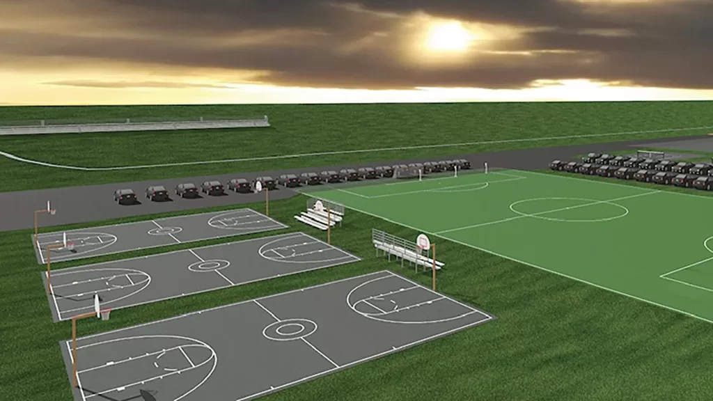 The outdoor component of the complex promises to feature several fields and courts.