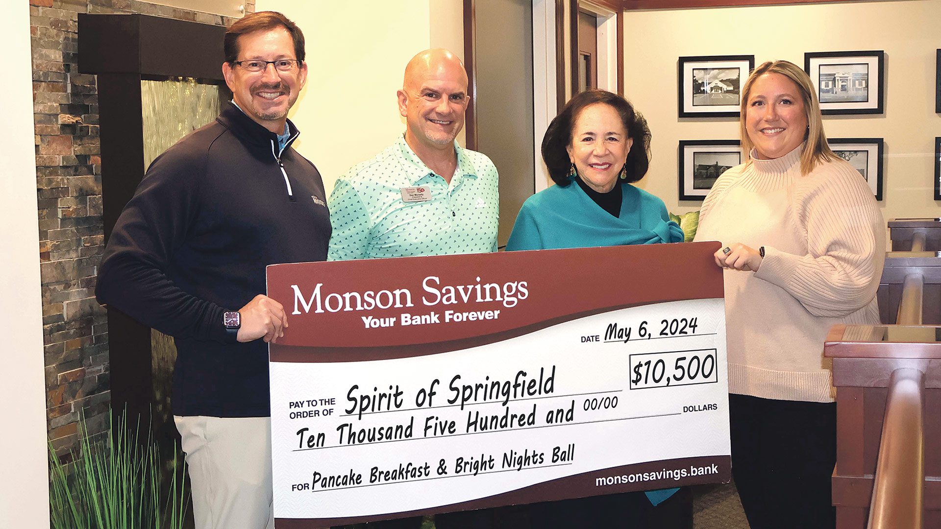 Pictured at left, from left: Michael Rouette, executive vice president and chief operating officer of MSB; bank President and CEO Dan Moriarty; Judy Matt, president of Spirit of Springfield; and Kylie LaPlante, assistant vice president and Business Development officer at MSB. Monson Savings Bank also recently provided a $1,750 donation to the Women’s Empowerment Scholarship as a part of its 2024 Community Giving Initiative.