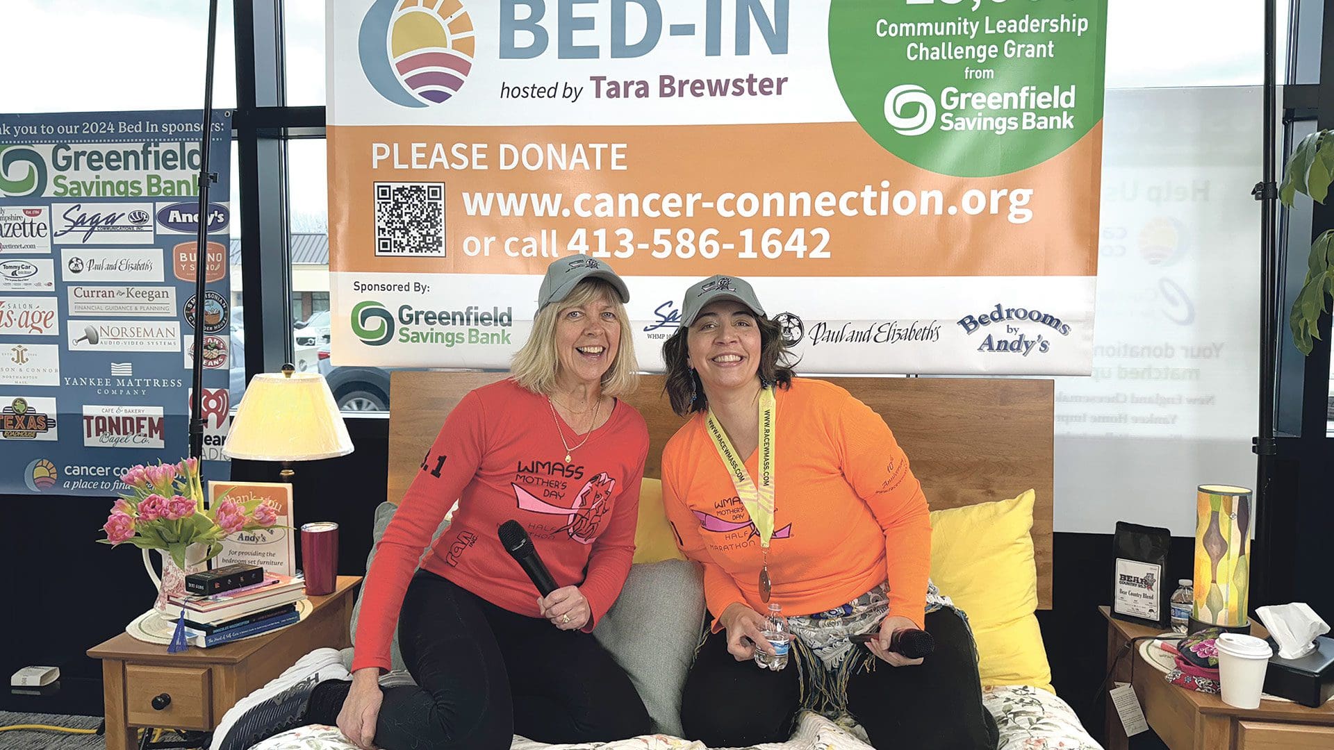 Sue Monahan (left), creator and director of the Mother’s Day Half Marathon, with Tara Brewster, host of Bed In for Cancer Connection.
