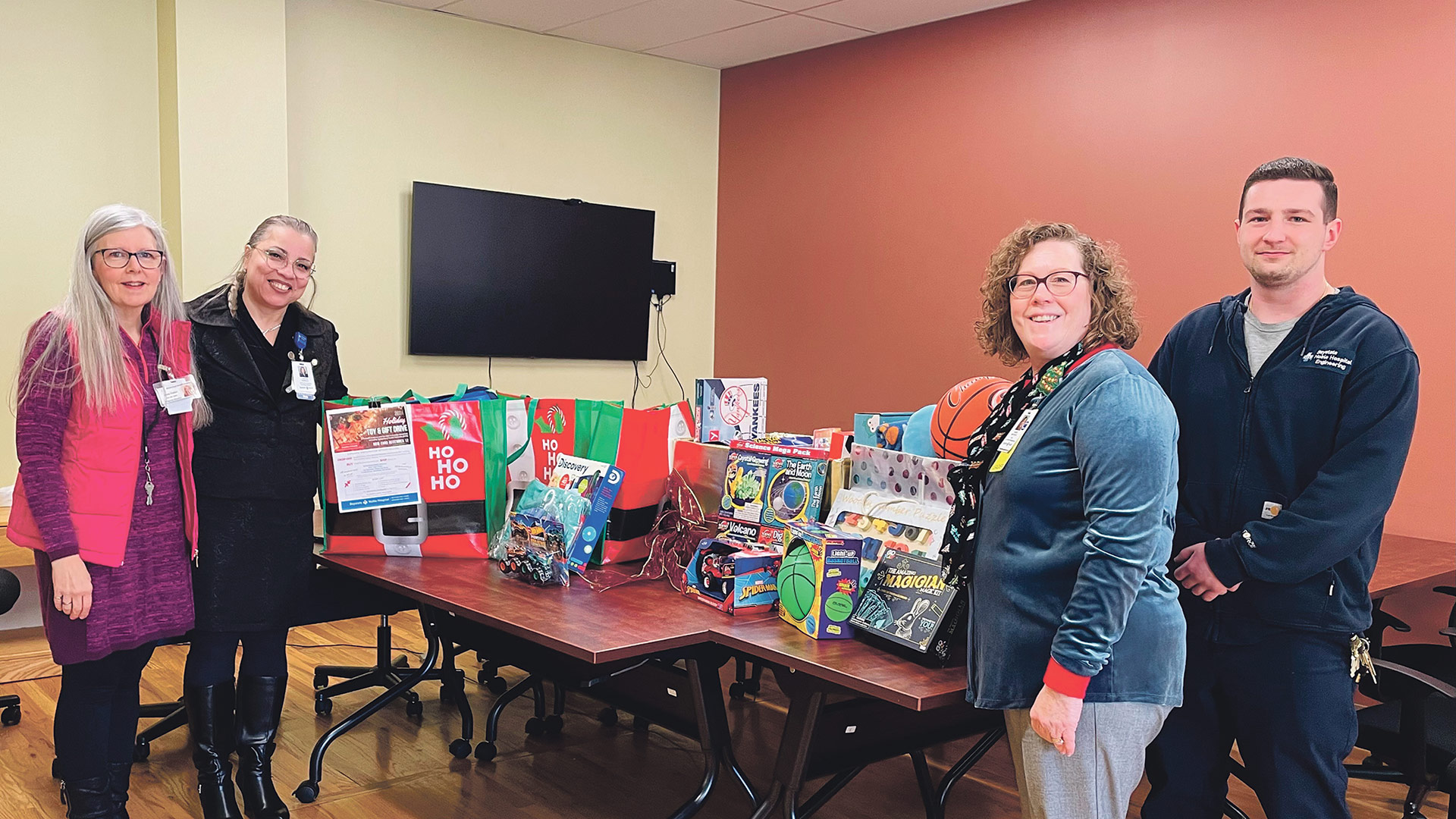 Pictured, from left: Jean Frater, program director at BHN; Grimaldi; Jan Mayforth, CFO of Baystate Regional Community Hospitals; and AJ Mazzolini of the Facilities department at Baystate Noble Hospital.