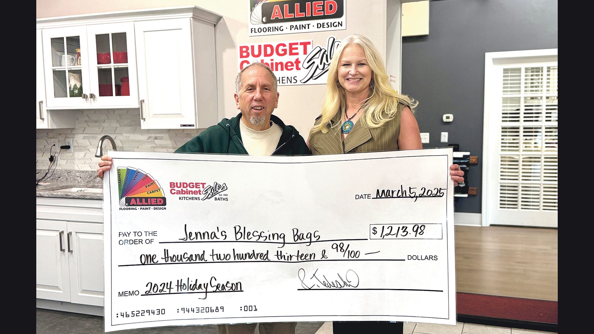 Pictured: Kevin Montemagni, board member of Jenna’s Blessing Bags, and Becky Tedeschi, president of Allied Flooring, Paint & Design.