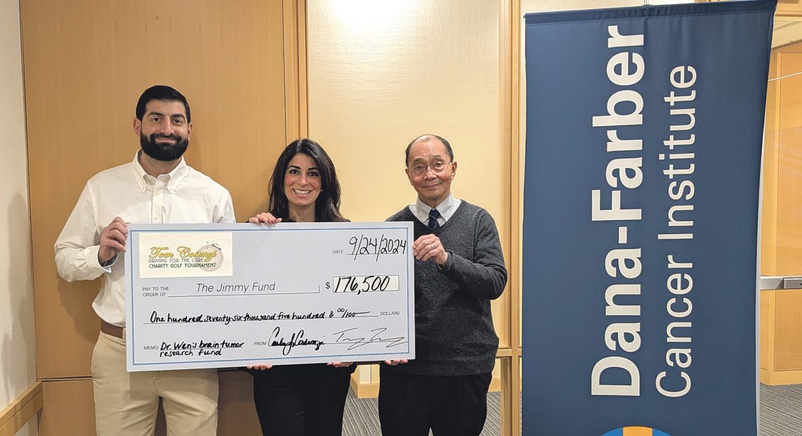 Pictured, from left: Tommy Cosenzi and Carla Cosenzi, co-founders of the Tom Cosenzi Driving For The Cure Charity Golf Tournament, and Dr. Patrick Wen, director of the Center for Neuro-Oncology at Dana-Farber Cancer Institute.