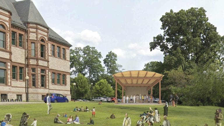Forbes Library in downtown Northampton will soon feature a small outdoor stage, as seen in this rendering from HAI Architecture.