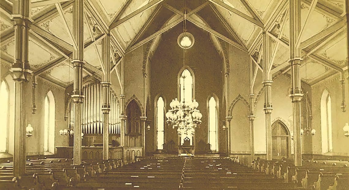 The historic chapel, seen above in an archival photo, will be restored to its former glory and given a new role as a dining facility, as seen in the architect’s rendering below.