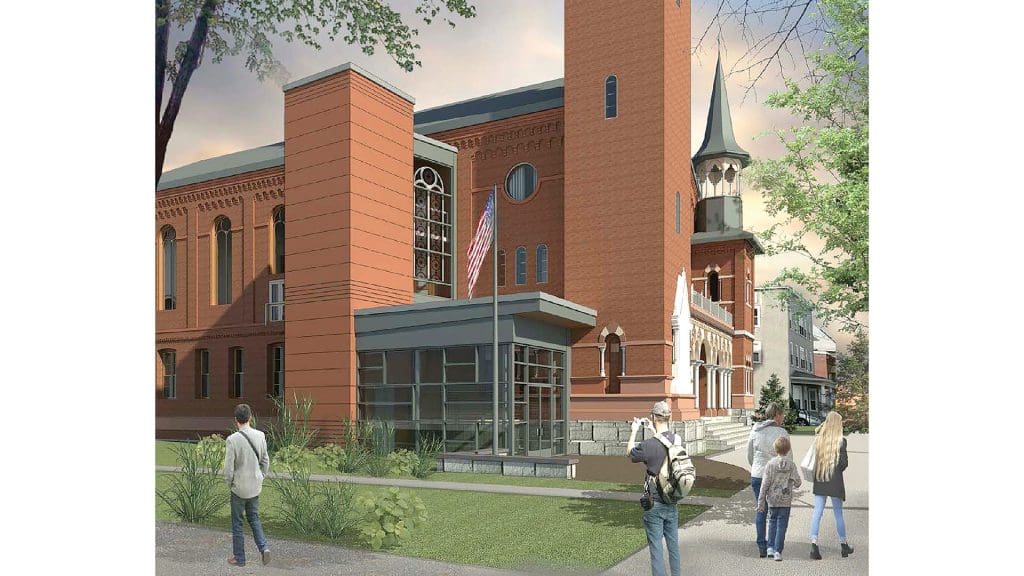 An architect’s rendering of the new entrance and elevator at Old Town Hall, home to CitySpace.