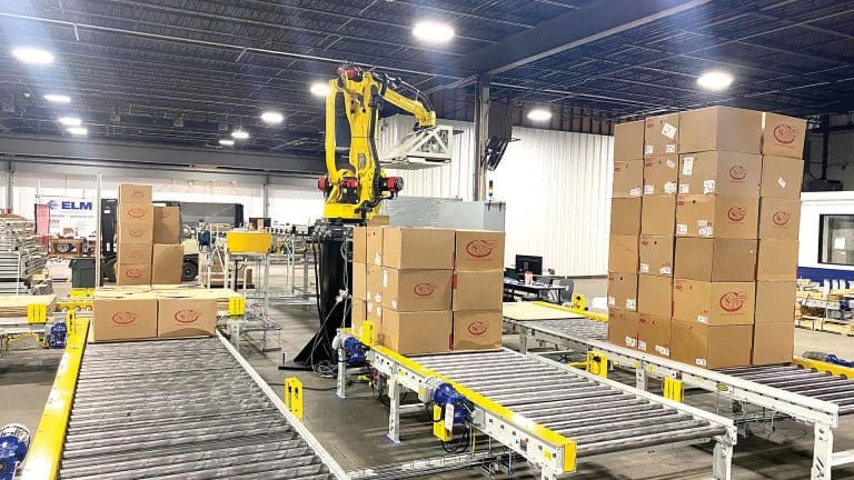 A robotic palletizer tackles a load of boxes.