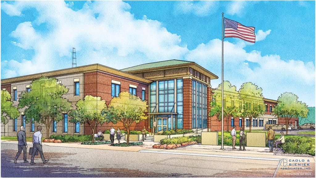 A rendering of a public safety facility in Taunton designed by Caolo & Bieniek.
