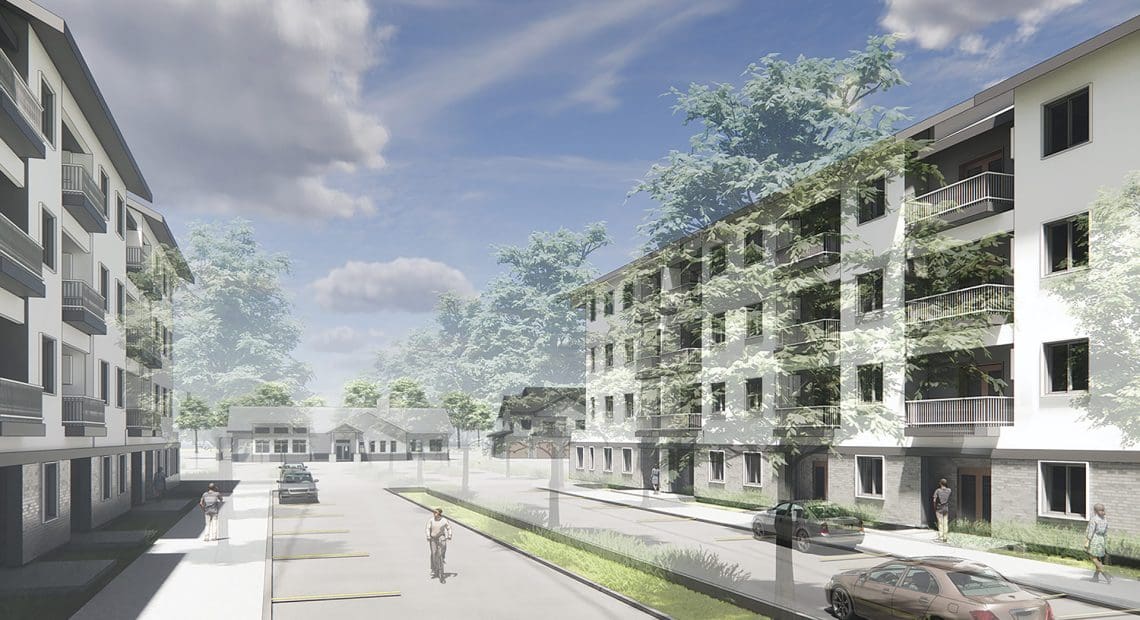 A rendering of an ambitious housing project in a demolished strip mall in Manchester, Conn. being designed by Dietz & Company.