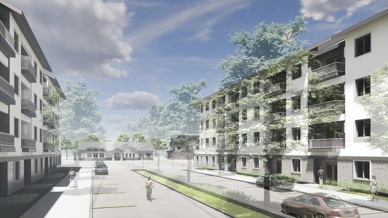 A rendering of an ambitious housing project in a demolished strip mall in Manchester, Conn. being designed by Dietz & Company.