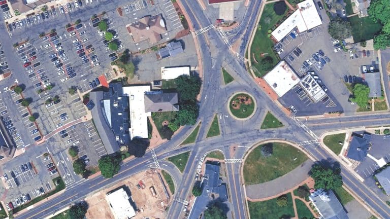 The infamous rotary in East Longmeadow, as seen in this Google Earth image, with its seven converging streets.