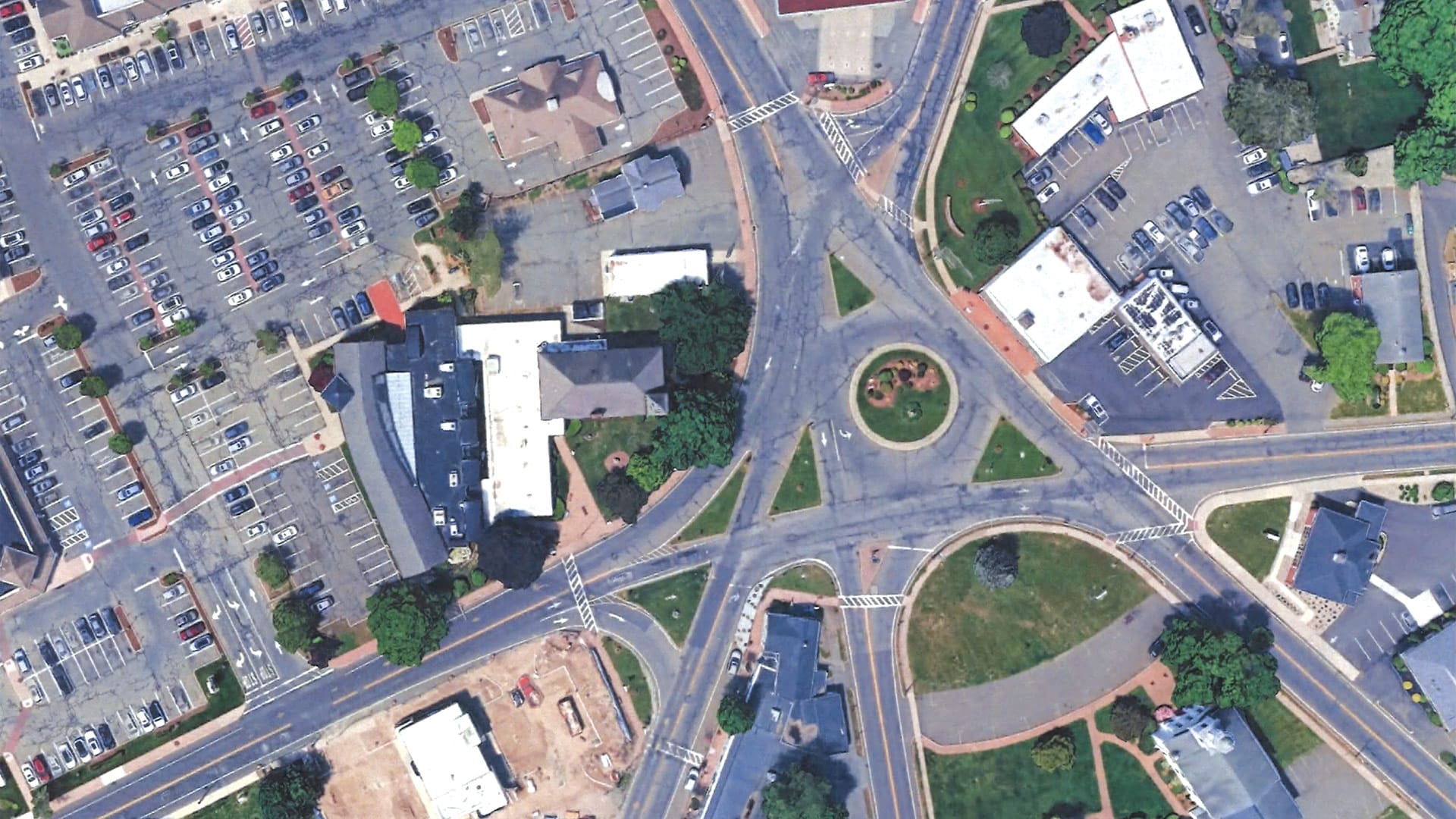 The infamous rotary in East Longmeadow, as seen in this Google Earth image, with its seven converging streets.