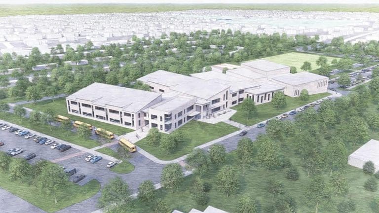 An architect’s rendering of the planned Longmeadow Middle School. Construction is slated to start in the fall of 2026.