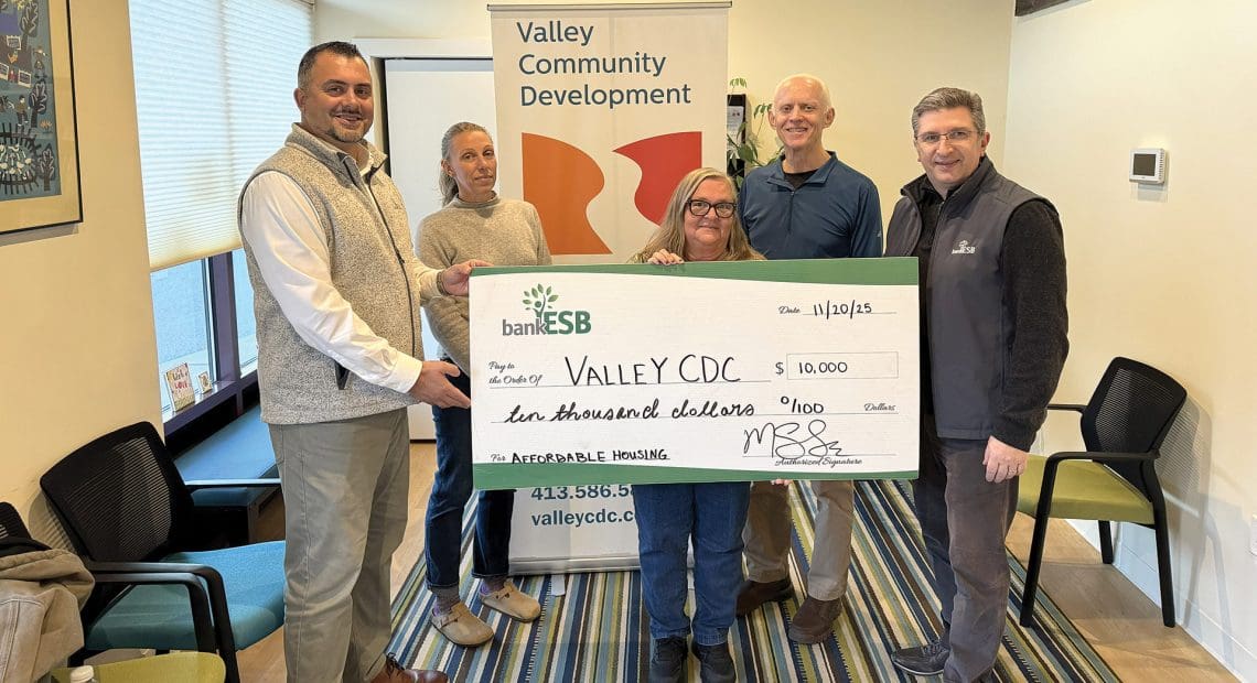 Pictured, from left: George Michelakis of bankESB; Executive Director Alexis Breiteneicher, Donna Cabana, and Richard Abbot of Valley Community Development; and Gary Turku of bankESB.