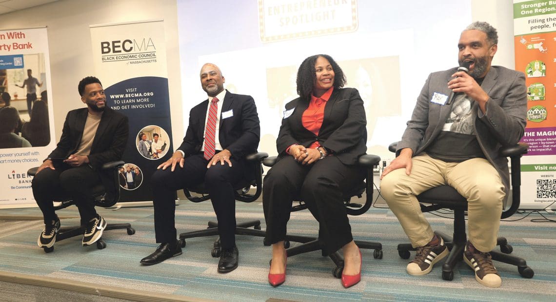 Pictured, from left: BECMA’s Charles Mackenson talks with Dyer, Banks, and Berry at the event.