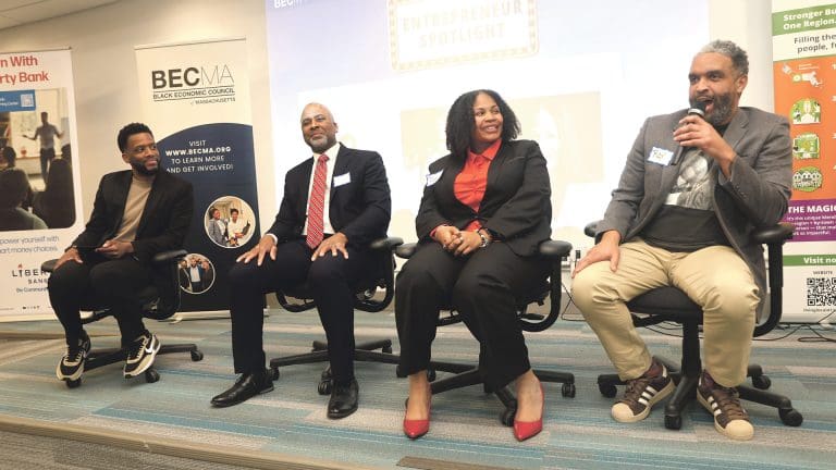 Pictured, from left: BECMA’s Charles Mackenson talks with Dyer, Banks, and Berry at the event.