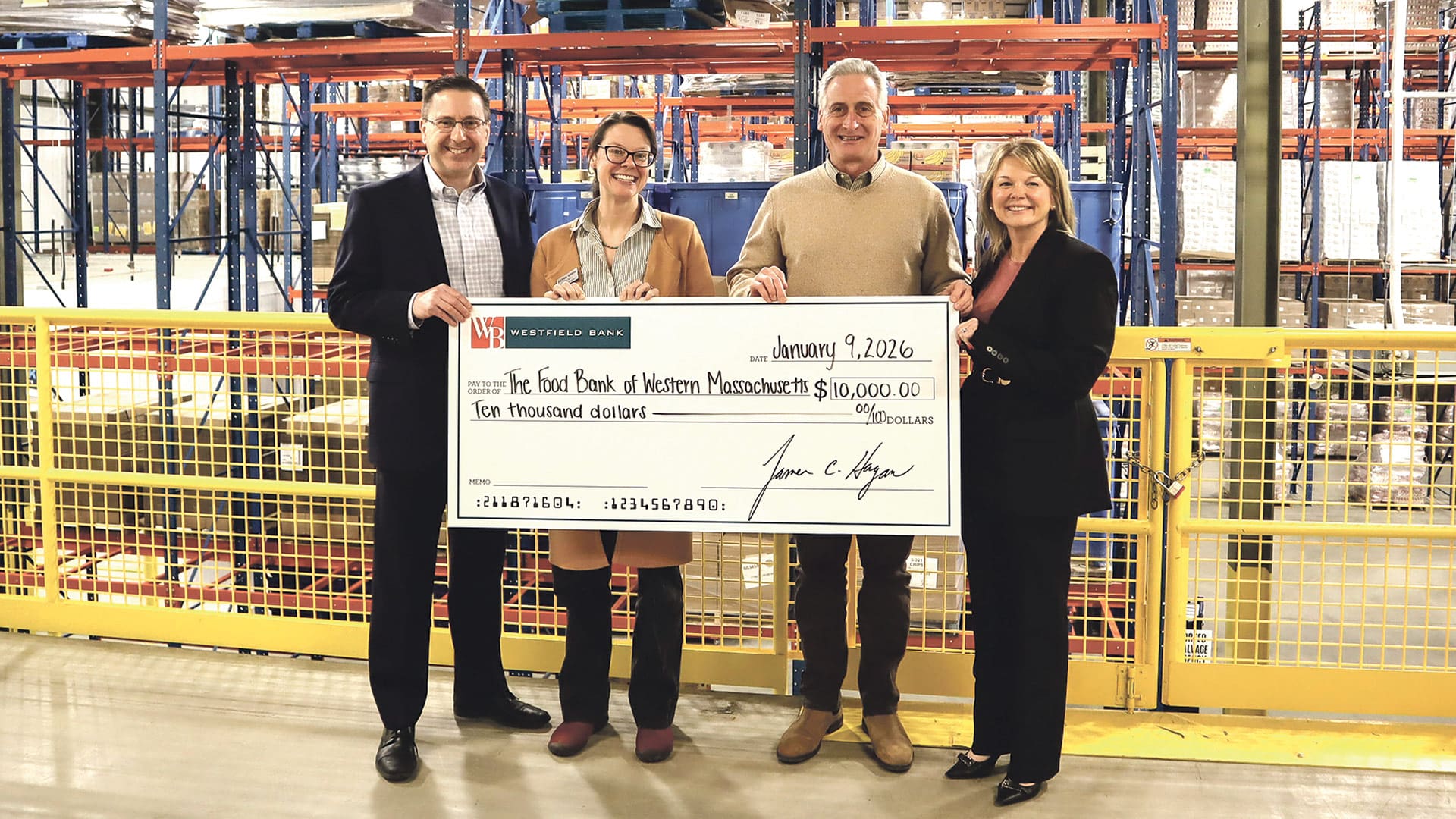 Pictured, from left: Daniel Marini of Westfield Bank, the Food Bank’s Cheyenne Burnham and Executive Director Andrew Morehouse, and Kelly Pignatare of Westfield Bank.