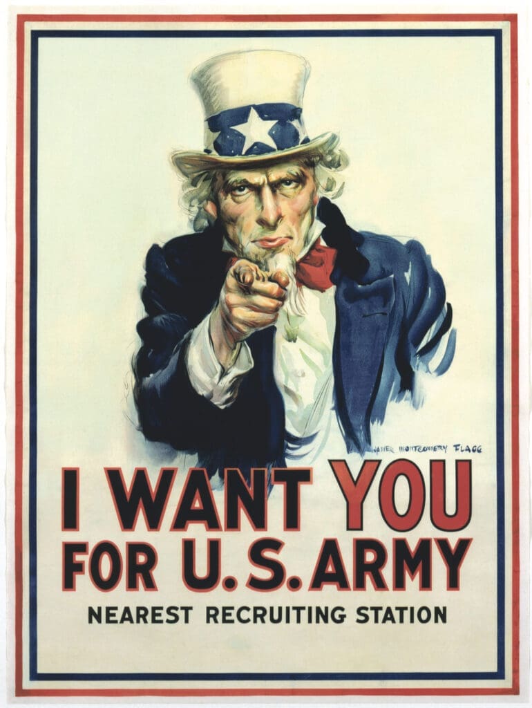 “American Stories, from Revolution to Rockwell” includes James Montgomery Flagg’s “I Want You for U.S. Army” (1917, chromolithograph on paper, private collection).