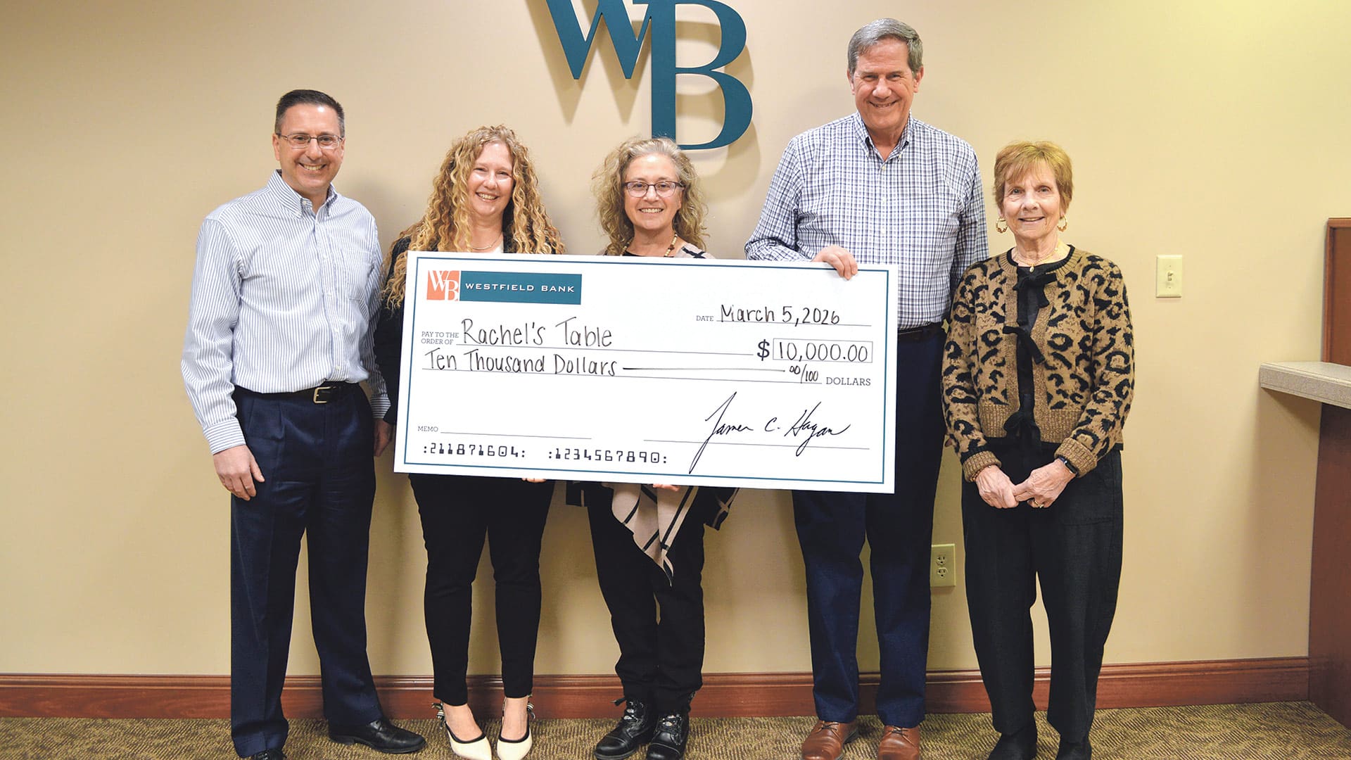 Pictured, from left: Daniel Marini of Westfield Bank, Kara Wood and Jodi Falk of Rachel’s Table, Kevin O’Connor of Westfield Bank, and Judy Yaffe of Rachel’s Table.